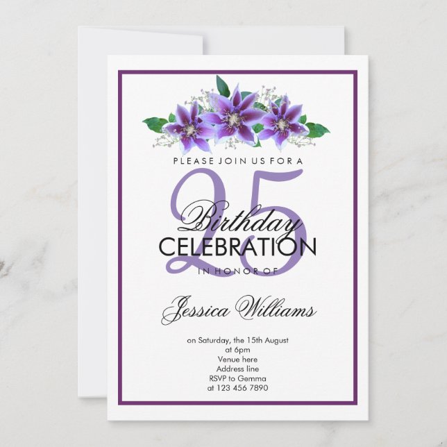 Classy Romantic Lila Clematis Birthday Inbjudningar (Framsida)