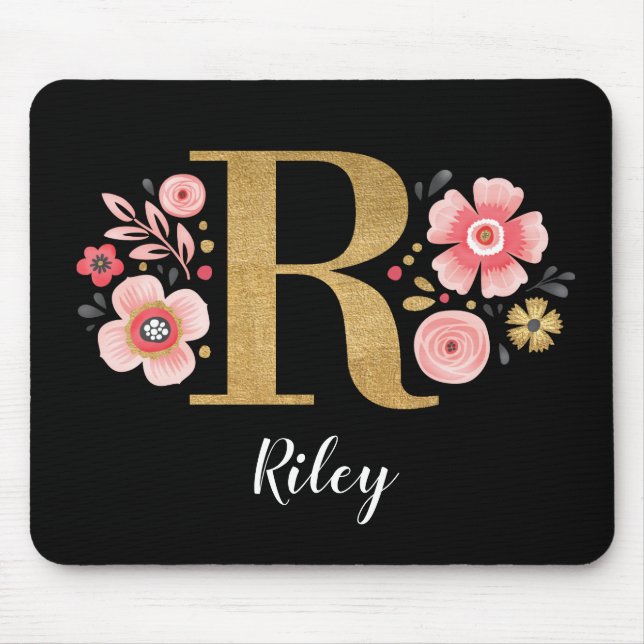 Classy Rosa Black Girly Monogram Initial Brev R Musmatta (Framsidan)
