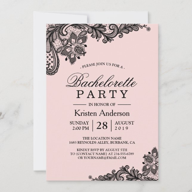 Classy Rosa Black Snöre Bachelorette Party Inbjudningar (Framsida)