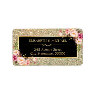 Classy Rosa Blommigt Guld Glitter Sparkling Bröllo Adressetikett