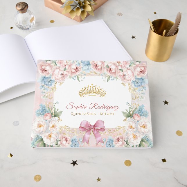 Classy Rosa Bow Blommigt Quinceanera Anpassningsba Gästböcker (Framsida Öppen)
