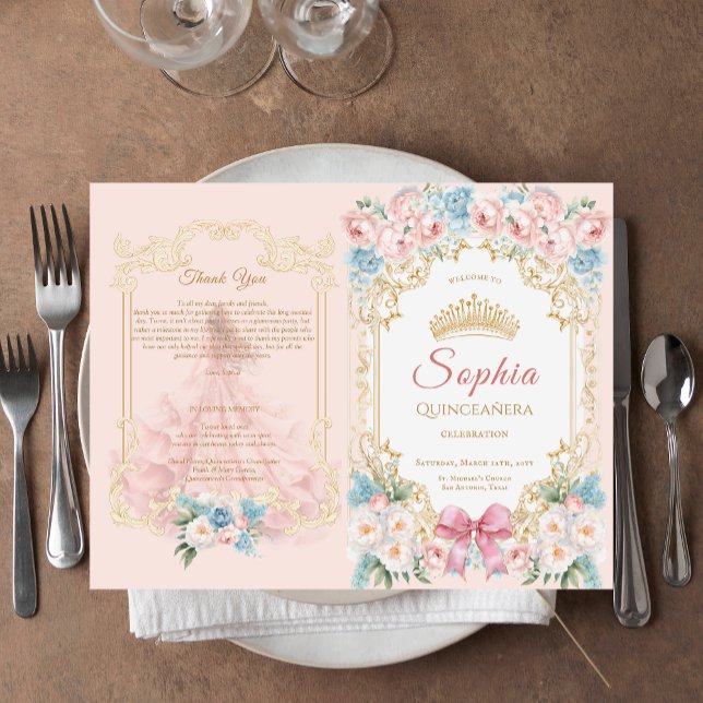 Classy Rosa Bow Blommigt Quinceanera Program (Classy Pink Blue Floral Quinceanera Program)
