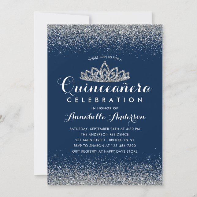 Classy Royal Blue Quinceañera Silver Tiara Glitter Inbjudningar (Framsida)