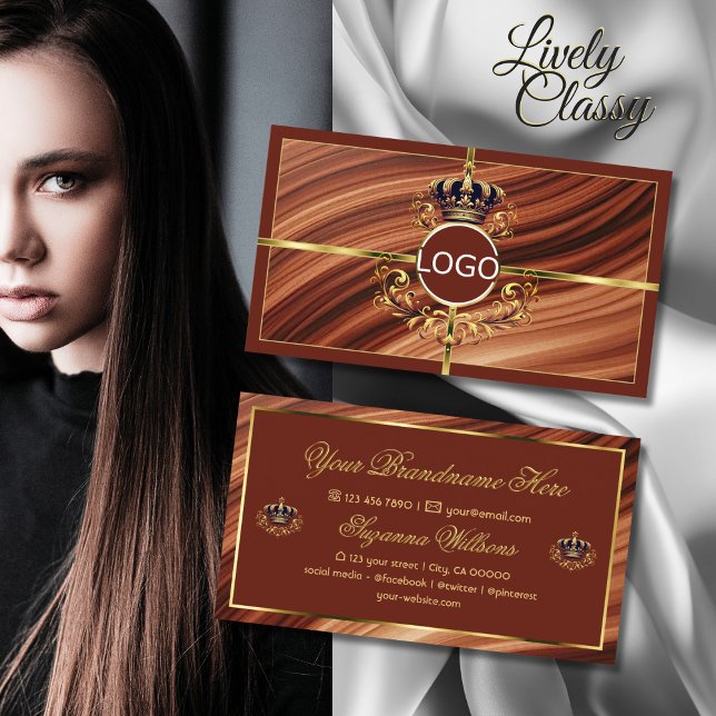 Classy Royal Brown Guld Krona med Logotyp Impressi Visitkort (Skapare uppladdad)