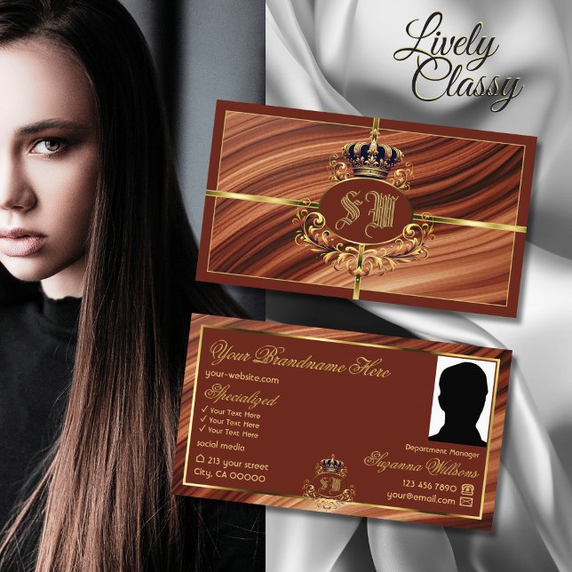 Classy Royal Brown Guld Krona med Monogram Photo Visitkort (Skapare uppladdad)