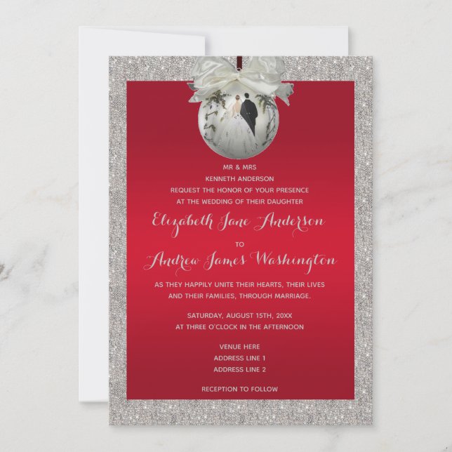 Classy Ruby Red & Sparkly Bauble jul Bröllop Inbjudningar (Framsida)