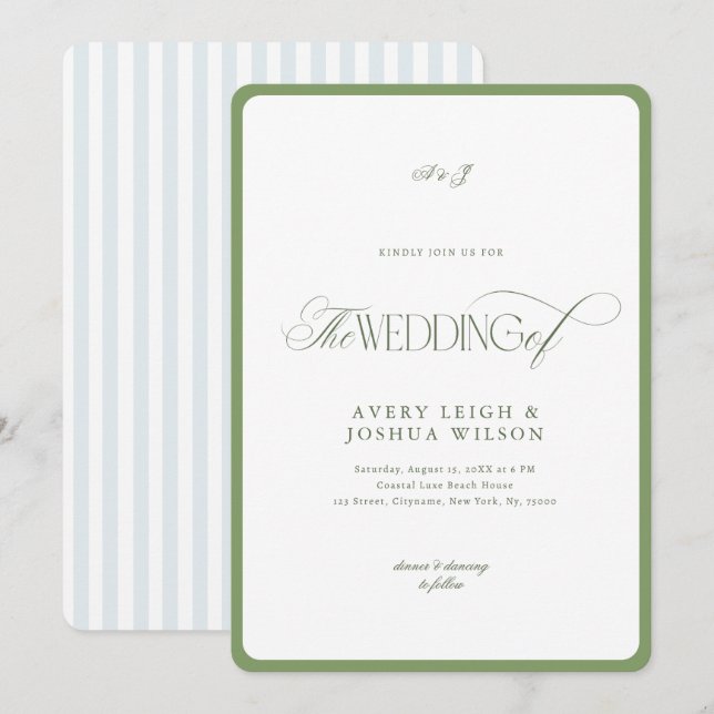 Classy Sage Green & Blue Stripes Coastal Wedding Inbjudningar (Fram/baksida)
