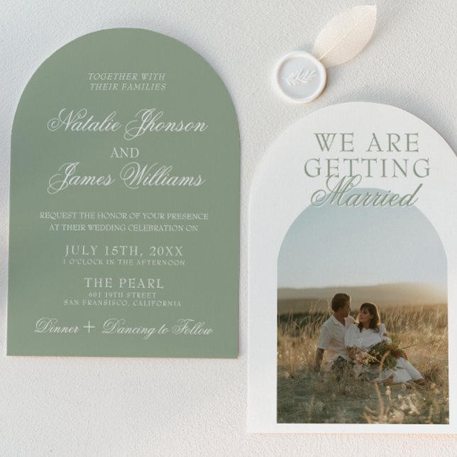 Classy Sage Green Luxury Boho Arched Wedding Inbjudningar (Skapare uppladdad)