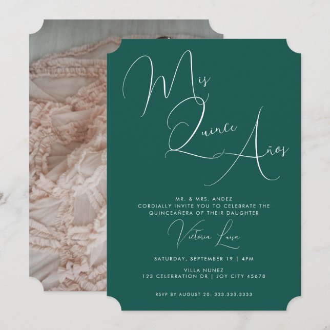 Classy Script Emerald Grönt Birthday quinceañera Inbjudningar (Fram/baksida)