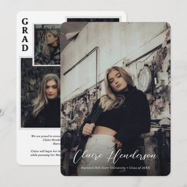 Classy Script Overlay Photo Collage Graduation Meddelande (Fram/baksida)