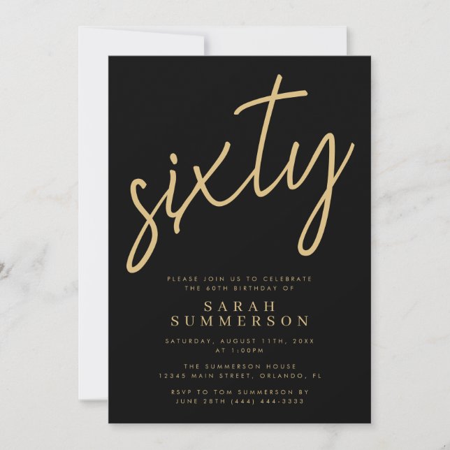 Classy Script Sixty Black Gold 60th Birthday Party Inbjudningar (Framsida)