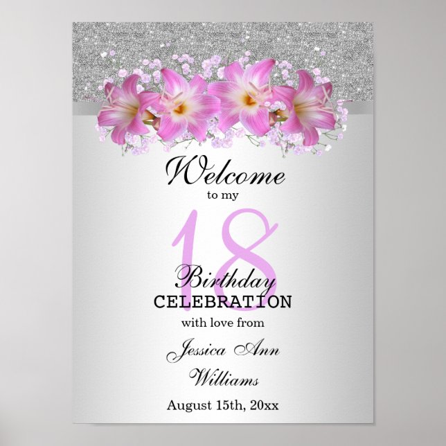 Classy Silver & Belladonna Lilies 18:e födelsedage Poster (Framsidan)