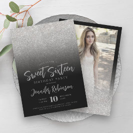 Classy Silver Black Glitter Photo Sweet 16 Inbjudningar