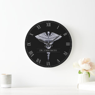 Classy Silver Caduceus på Black Medical Stor Klocka