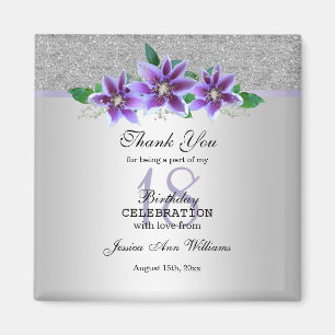 Classy Silver & Clematis Flowers 18:e födelsedagen Magnet