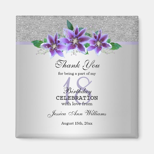 Classy Silver & Clematis Flowers 18:e födelsedagen Magnet (Framsidan)