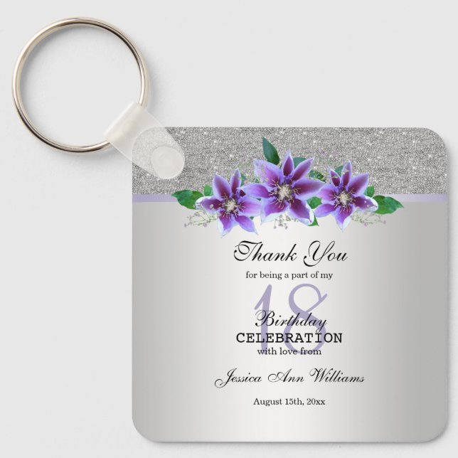 Classy Silver & Clematis Flowers 18:e födelsedagen Nyckelring (Framsida)