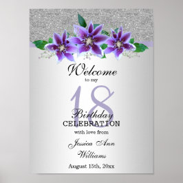 Classy Silver & Clematis Flowers 18:e födelsedagen Poster