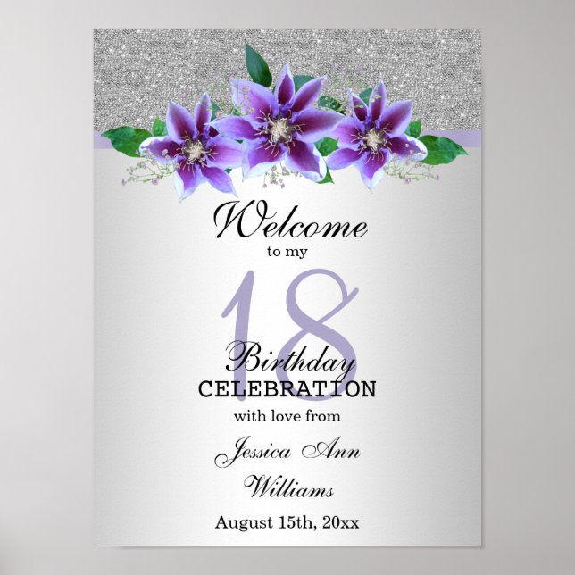 Classy Silver & Clematis Flowers 18:e födelsedagen Poster (Framsidan)