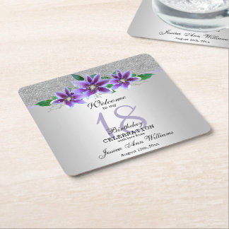 Classy Silver & Clematis Flowers 18:e födelsedagen Underlägg Papper Kvadrat