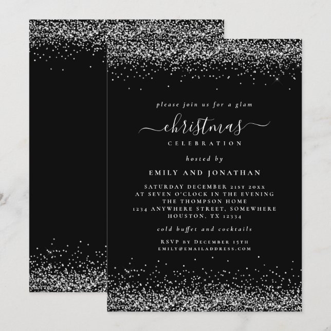 Classy Silver Glitter Black jul Party Inbjudningar (Fram/baksida)