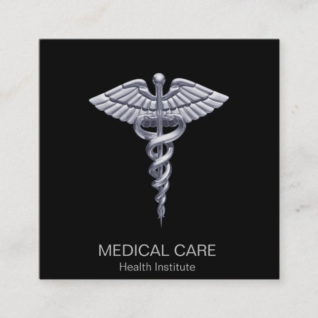 Classy Silver Medical Caduceus på Black Fyrkantigt Visitkort (Framsida)