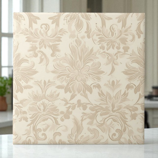 Classy Simple Floral Damask Soft Beige Kakelplatta (Skapare uppladdad)