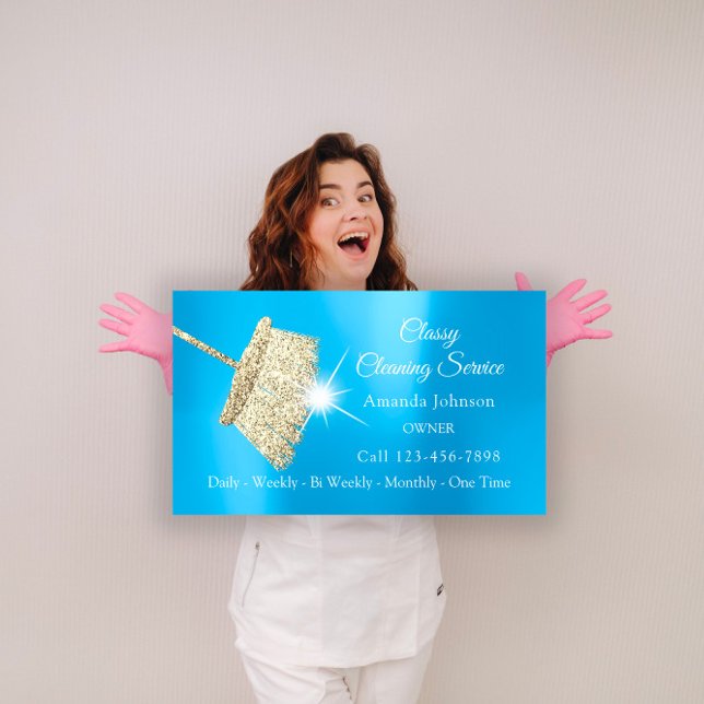 Classy Städning Service Maid Guld Blue Ocean Visitkort (Classy Cleaning Service Maid Gold Blue Ocean Business Card)