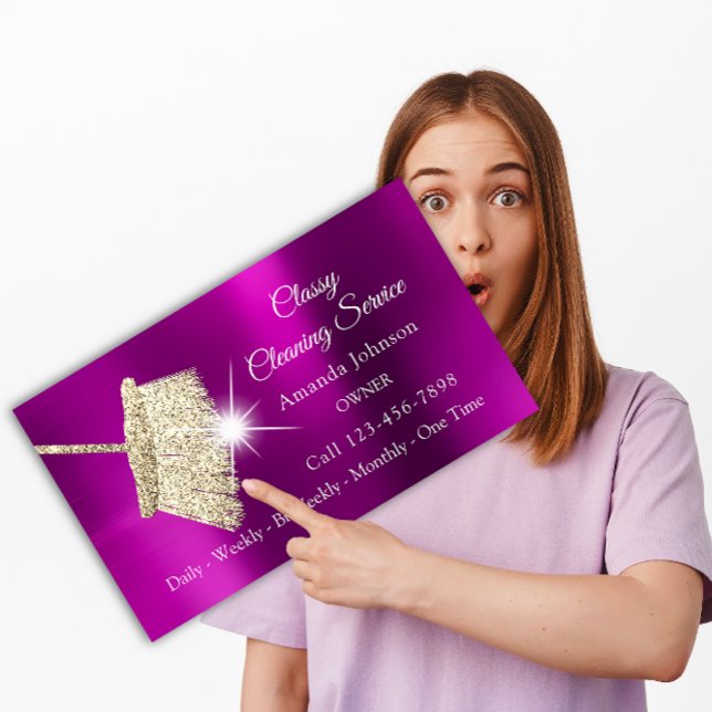 Classy Städning Service Maid Guld Fuchsia Rosa Visitkort (Classy Cleaning Service Maid Gold Fuchsia Pink Business Card )