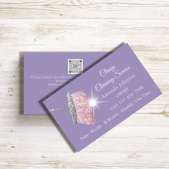 Classy Städning Service Maid Lila Silver QRCODE Visitkort (Classy Cleaning Service Maid Purple Silver QRCODE Business Card)