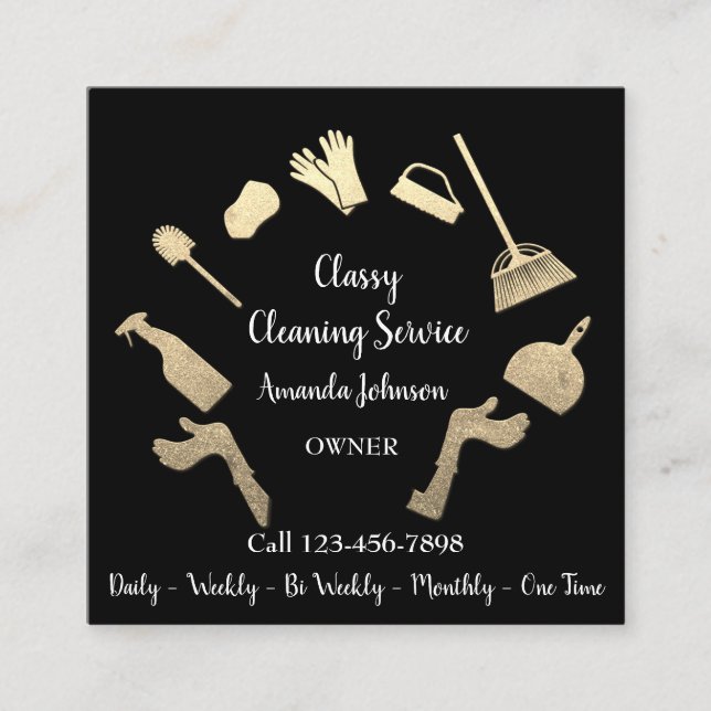 Classy Städning Services Guld Logotyp Maid Black V Fyrkantigt Visitkort (Framsida)