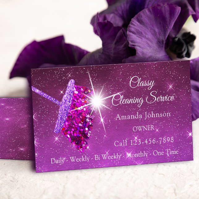 Classy Städning Services Rosa Lila Glitter Maid Visitkort (Classy Cleaning Services Pink Purple Glitter Maid Business Card)