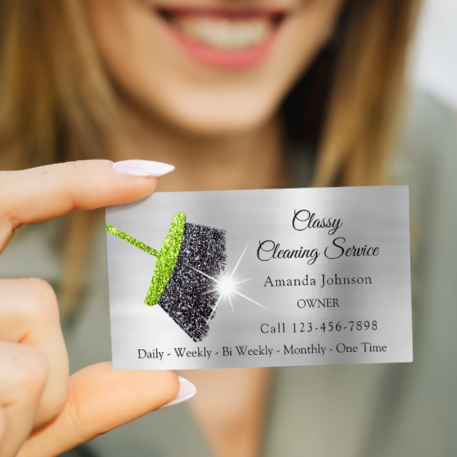 Classy Städning Services Silver Mint Glitter Grått Visitkort (Classy Cleaning Services Silver Mint Glitter Gray Business Card)