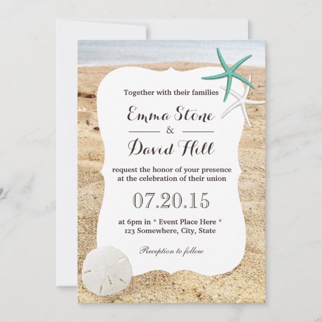 Classy Starfish & Sand Dollar Beach Wedding Inbjudningar (Framsida)