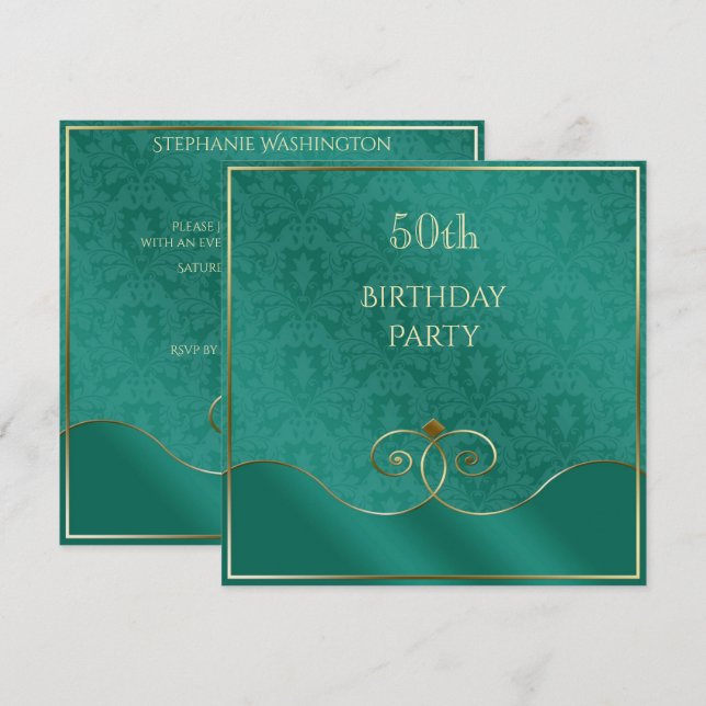 Classy Teal & Guld Swirls, Damask 50:e födelsedage Inbjudningar (Fram/baksida)