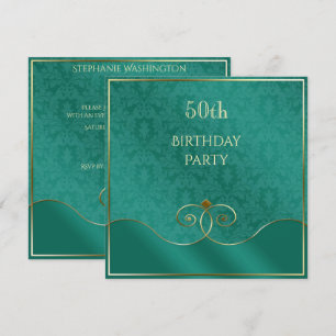 Classy Teal & Guld Swirls, Damask 50:e födelsedage Inbjudningar