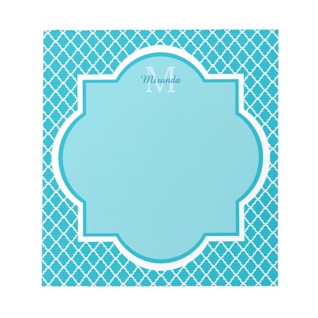 Classy Turcos Blue Quatrefoil Monogram och Namn Anteckningsblock (Framsida)