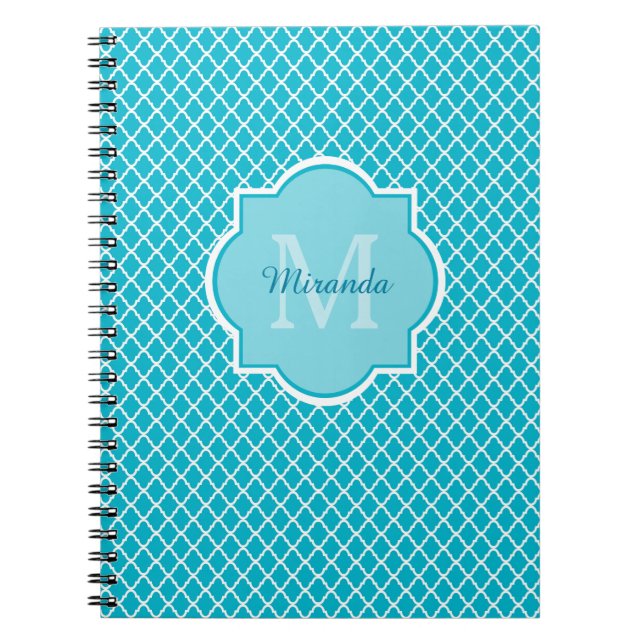 Classy Turcos Blue Quatrefoil Monogram och Namn Anteckningsbok Med Spiral (Framsidan)