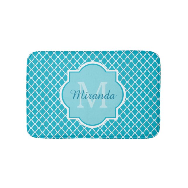 Classy Turcos Blue Quatrefoil Monogram och Namn Badrumsmatta (Framsidan)