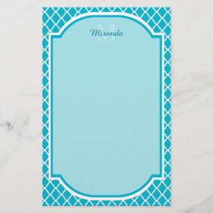 Classy Turcos Blue Quatrefoil Monogram och Namn Brevpapper