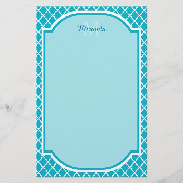 Classy Turcos Blue Quatrefoil Monogram och Namn Brevpapper (Framsida)