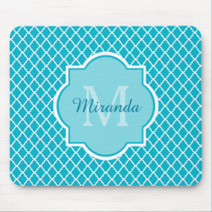 Classy Turcos Blue Quatrefoil Monogram och Namn Musmatta