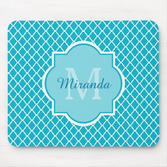 Classy Turcos Blue Quatrefoil Monogram och Namn Musmatta (Framsidan)