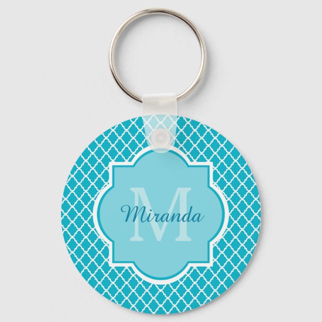 Classy Turcos Blue Quatrefoil Monogram och Namn Nyckelring (Framsida)