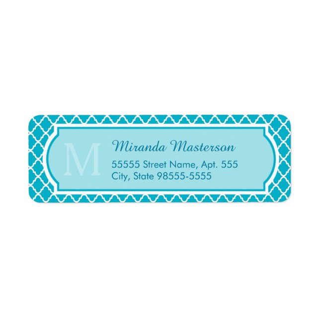 Classy Turcos Blue Quatrefoil Monogram och Namn Returadress Etikett (Framsidan)