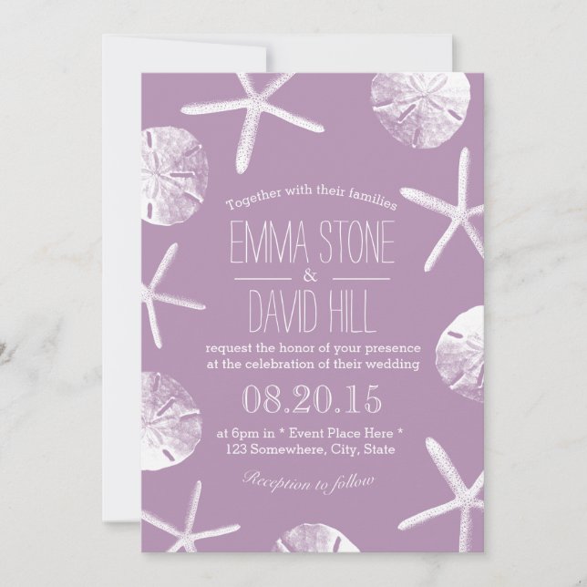 Classy Violet Starfish & Sand Dollar Beach Wedding Inbjudningar (Framsida)