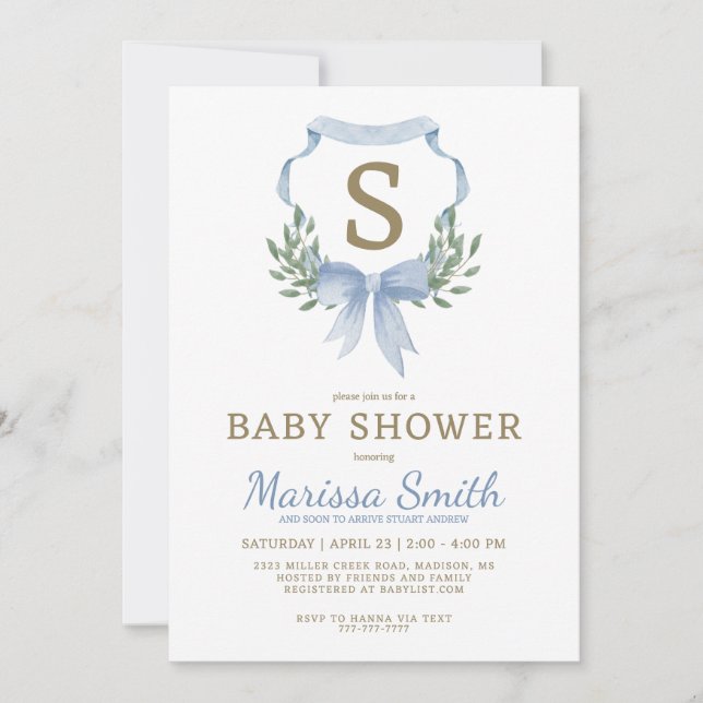 Classy Watercolor Monogram Boy Shower Inbjudningar (Framsida)