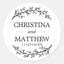 Classy White Black Laurel Grenar Bröllop Runt Klistermärke