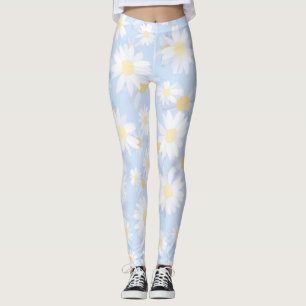 Classy White Daisy Blommor Botaniskt blått mönst Leggings