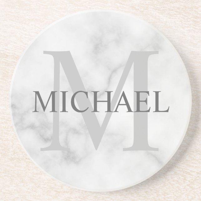 Classy White Marble Personlig Monogram och Namn Underlägg (Framsidan)